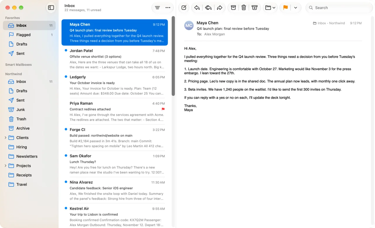Apple Mail with DuperMail, a message selected in the inbox