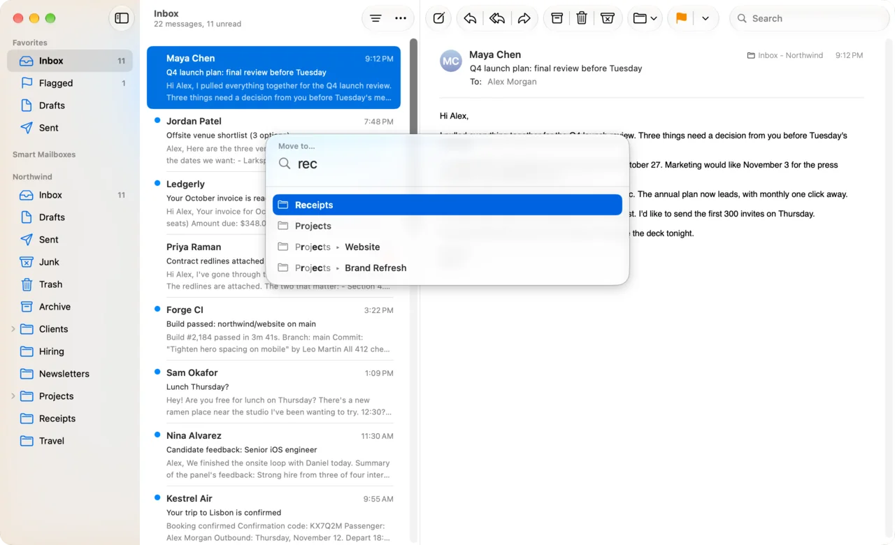 The Move to picker, with rec typed and Receipts selected