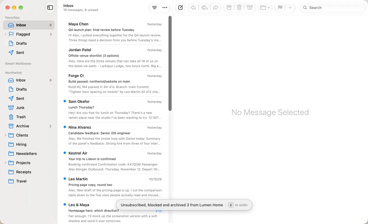 Mail after Command U: Unsubscribed, blocked and archived 3 from Lumen Home