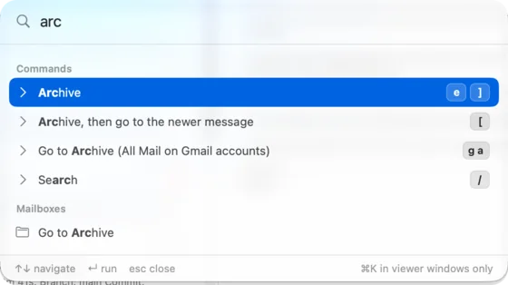 DuperMail's command palette, searching for arc