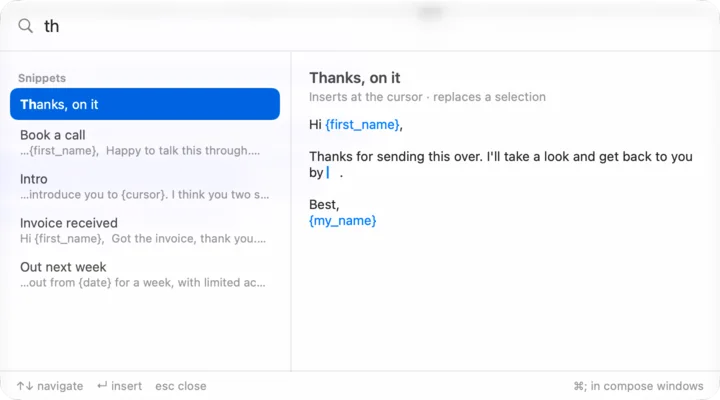 DuperMail's snippet picker, previewing Thanks, on it